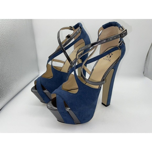 Scene “Marylou” Platform Wedge 5” Heels Blue Suede w/ Silver Accents 7M Open Toe - Picture 7 of 8